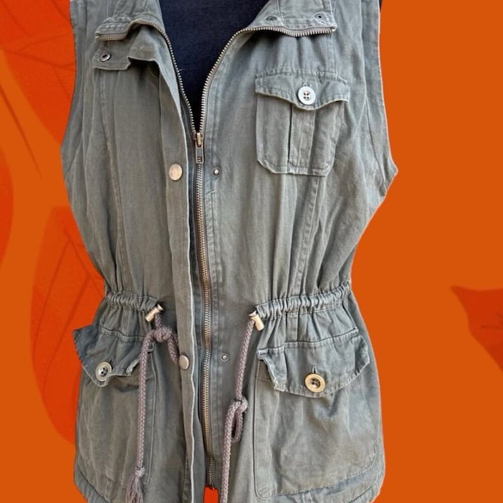 2SABEL vest, olive green, faux fur lining, drawstring waist, women's size L
